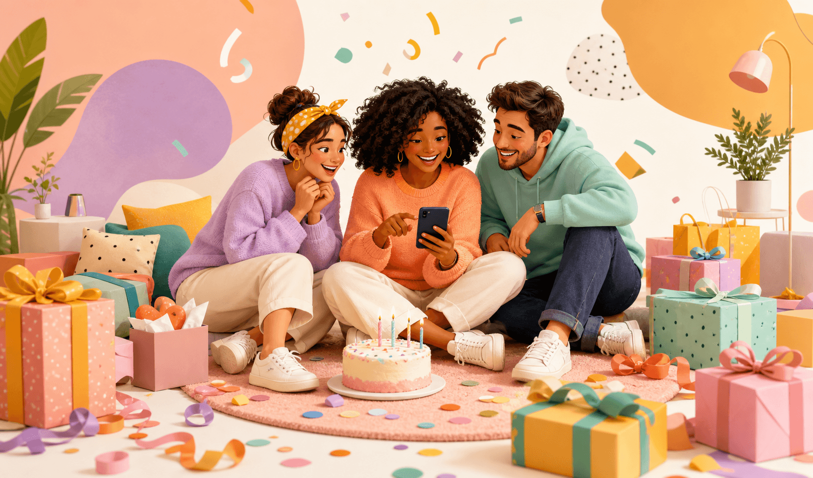 Friends creating a wishlist together at a colorful celebration